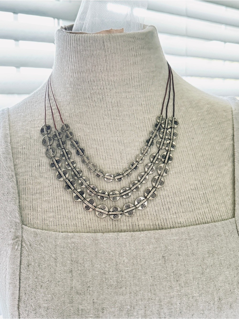 ⁠Etched Silver Medallion 3-Strand Layered Necklace | Southwestern Boho Statement
